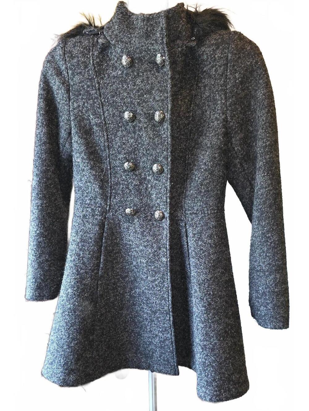 Liz Claiborne Gray Wool Blend Coat with Faux Fur Hood - Size Medium
